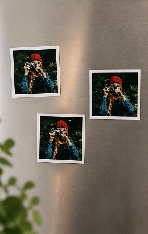 Three framed photographs of a person taking a photo on a metallic wall.