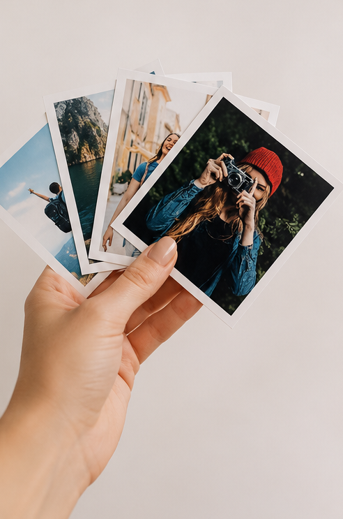 Hand holding a stack of Polaroid photos with scenic and casual images.