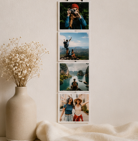 Collage of photos on a wall with a vase of dried flowers and blanket.