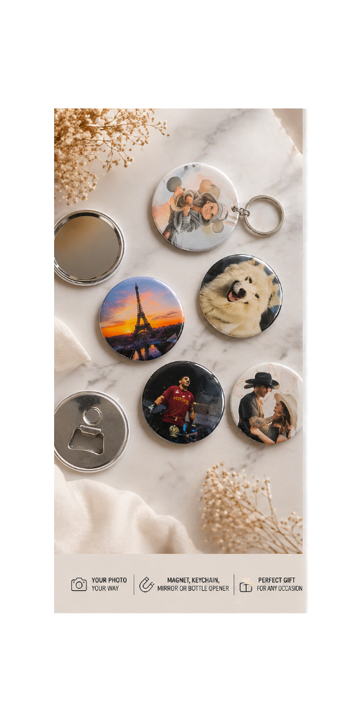 Collection of personalized photo keychains and mirrors on a beige background with decorative elements.