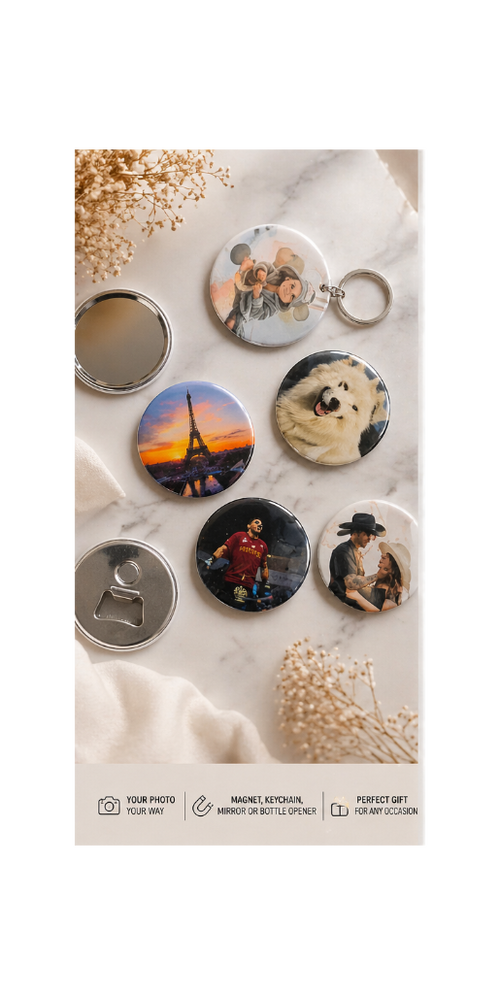 Collection of personalized photo keychains and mirrors on a beige background with decorative elements.