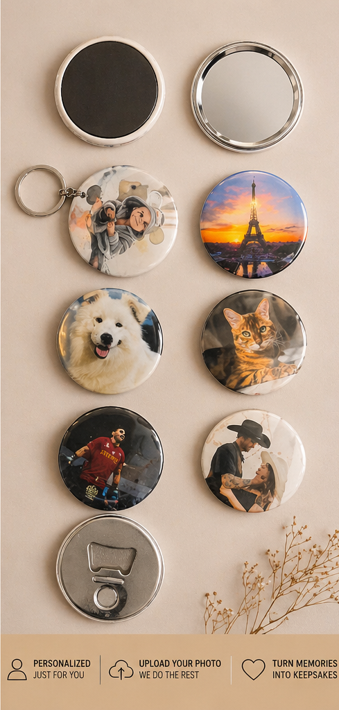 Collection of personalized photo keychains and mirrors on a beige background with decorative elements.