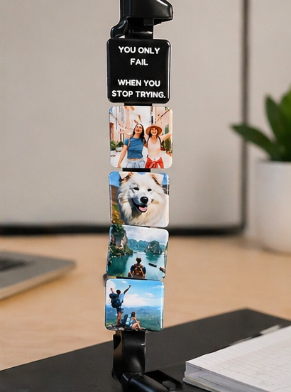 Collage of photos on a stand with motivational quote, placed on a desk.